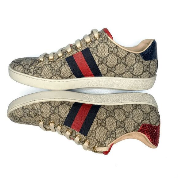 Gucci Ace Web Stripe Sneaker EU 37 US 7 Beige GG Monogram Canvas Low Top Shoe - Picture 4 of 8
